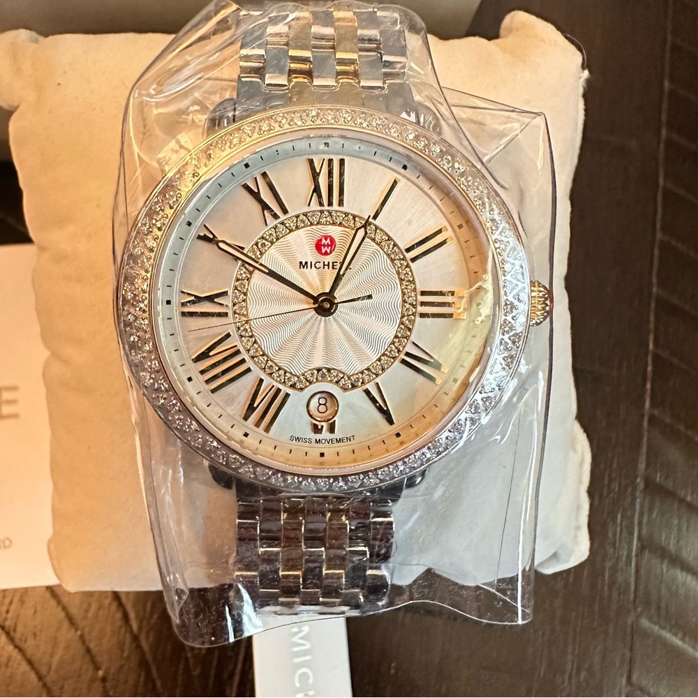 Michele Serein Mid Two Toned 18K Gold-Plated Diamond Watch Brand New In Box